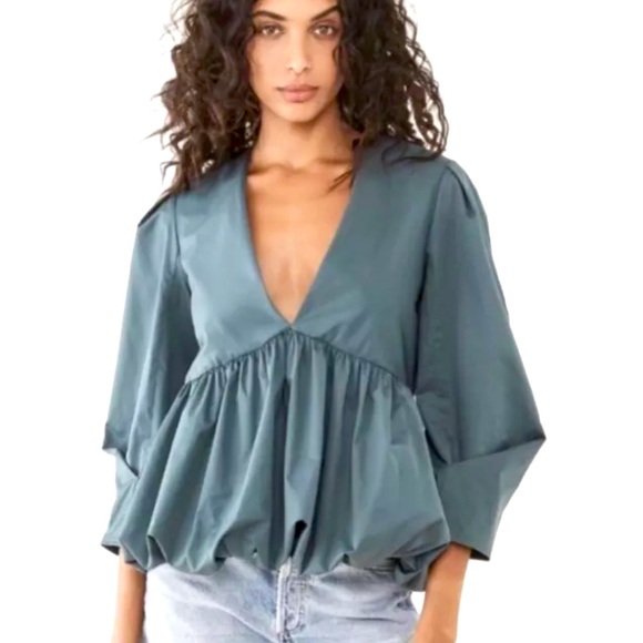 Tibi Tops - TIBI Eco Poplin Deep V-Neck Sculpted Bubble hem Top Phthlao Green size 10